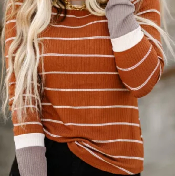 New Brown Extend Color Block Cuffs Rib Knit Striped Pullover - Picture 13 of 16